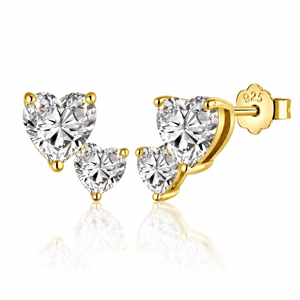 Amoura Earrings in gold, front and side view